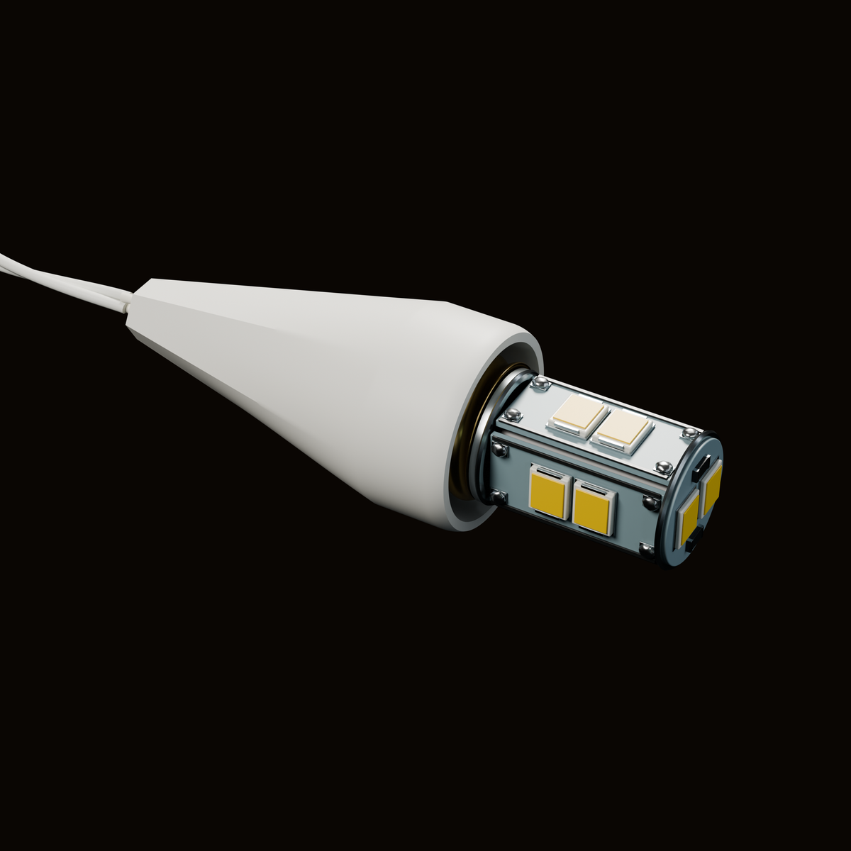 Nahaufnahme der E10-Fassung unter der weißen Kappe, mit eingesetztem LED-Leuchtmittel, ausgeschaltet (Fassung und Kappe nicht im Lieferumfang)