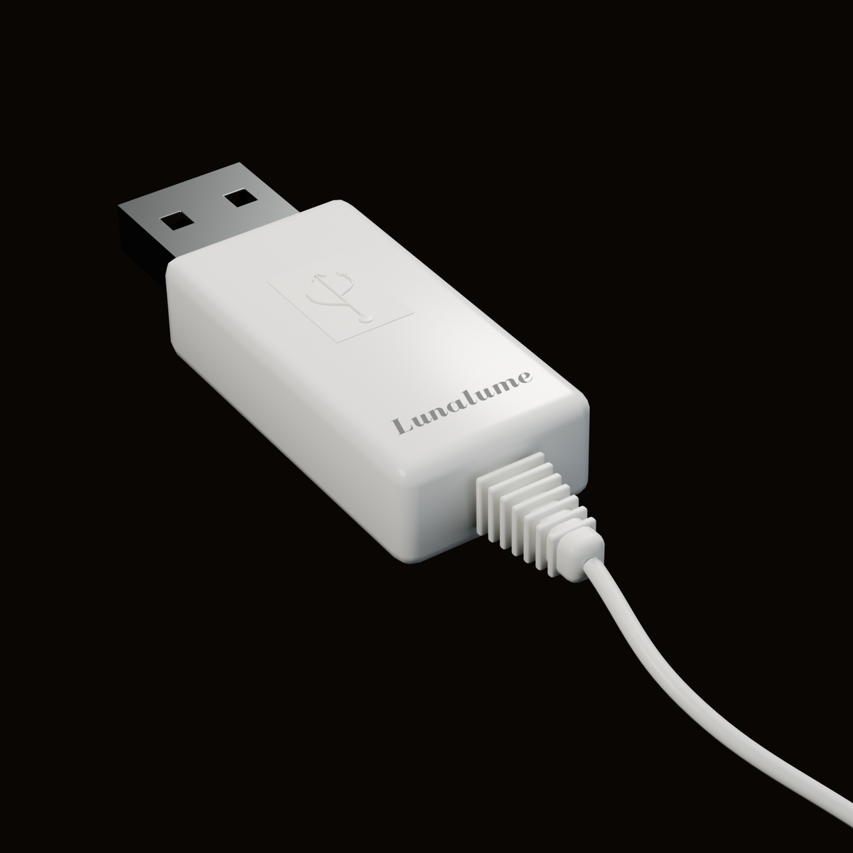 Nahaufnahme des USB-A-Steckers am Wandlerkabel mit Lunalume-Schriftzug
