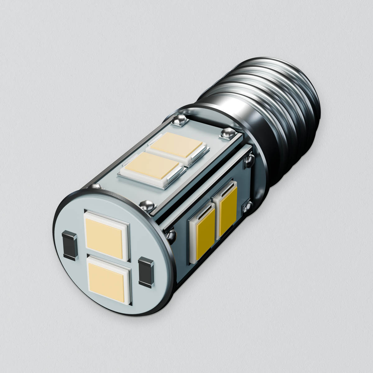 LED-Leuchtmittel E10 von Lunalume, ausgeschaltet, Nahansicht mit Schraubsockel und LED-Chips